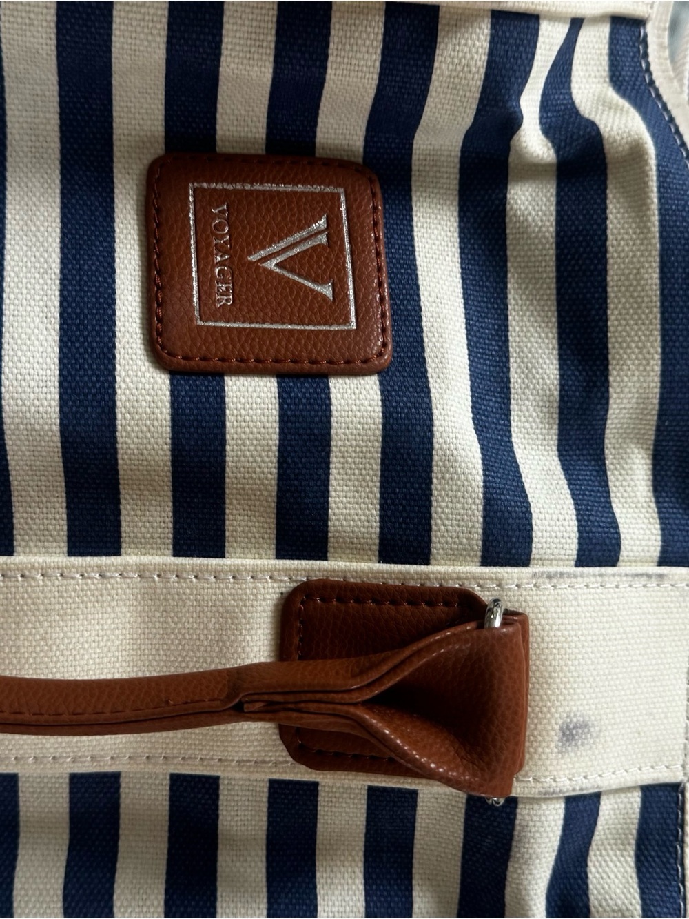 Navy Stripe Canvas Tote Bag with Brown Leather Trim - Picture 5 of 8